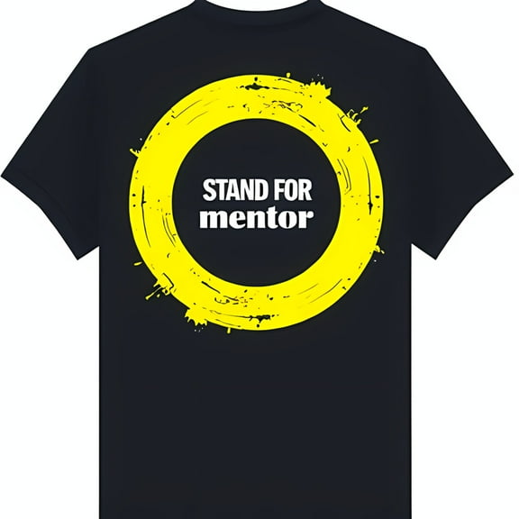 Black T-Shirt with Yellow Brushstroke Circle & 'STAND FOR mentor' Design