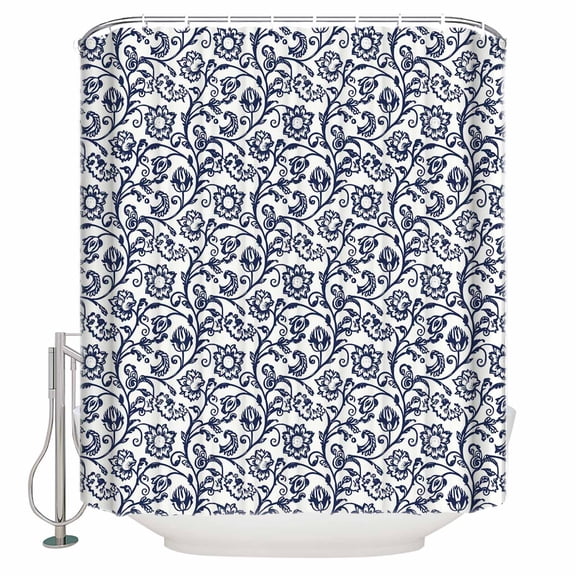 Navy Blue Floral Bathroom Shower Curtains with 12 Hooks Polyester Waterproof Shower Curtain for Stalls and Bathtubs Vintage Art Flowers Pattern Decorative Bathroom Privacy Curtain 60x72 Inches