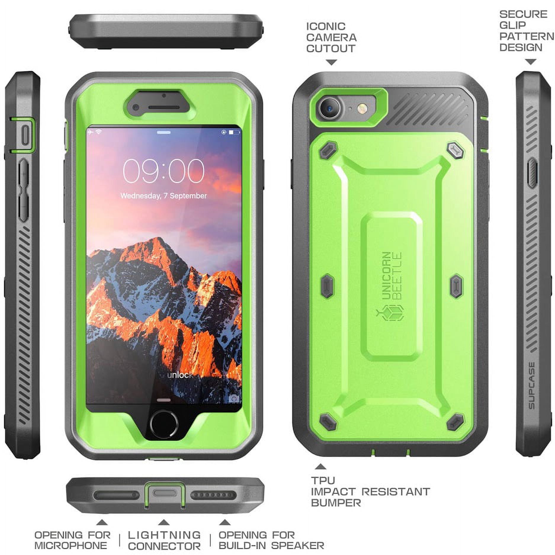 SUPCASE Unicorn Beetle Pro Series Case Designed for iPhone SE 3rd Gen (2022) / iPhone SE 2nd Gen (2020) / iPhone 7 / iPhone 8, Full-Body Rugged Holster Case with Built-In Screen Protector (Green)
