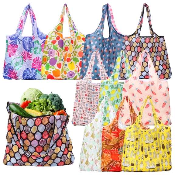 Austok 10 Pcs Reusable Grocery Bag Foldable Shopping Bag with Handle Large Capacity Tote Bag with Attached Pouch for Daily Shopping Camping Trave, Machine Washable