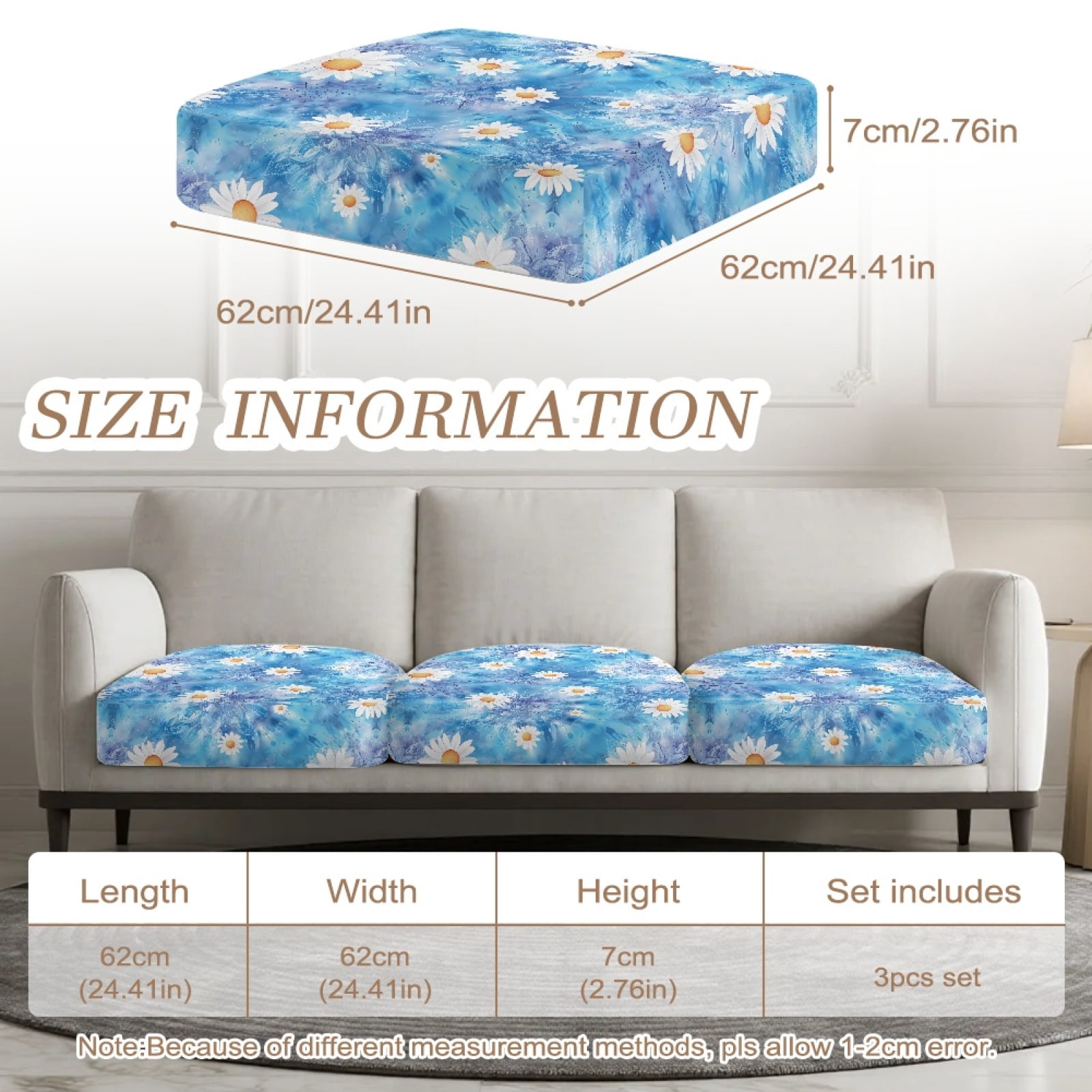 Xoenoiee Boho Mandala Daisy Flower Print Couch Cushion Covers, Soft Sofa Seat Covers for Sectional 3 Cushion Couch, Washable Sofa Slipcover with Elastic Bottom, Non-Slip Furniture Protector for Pets
