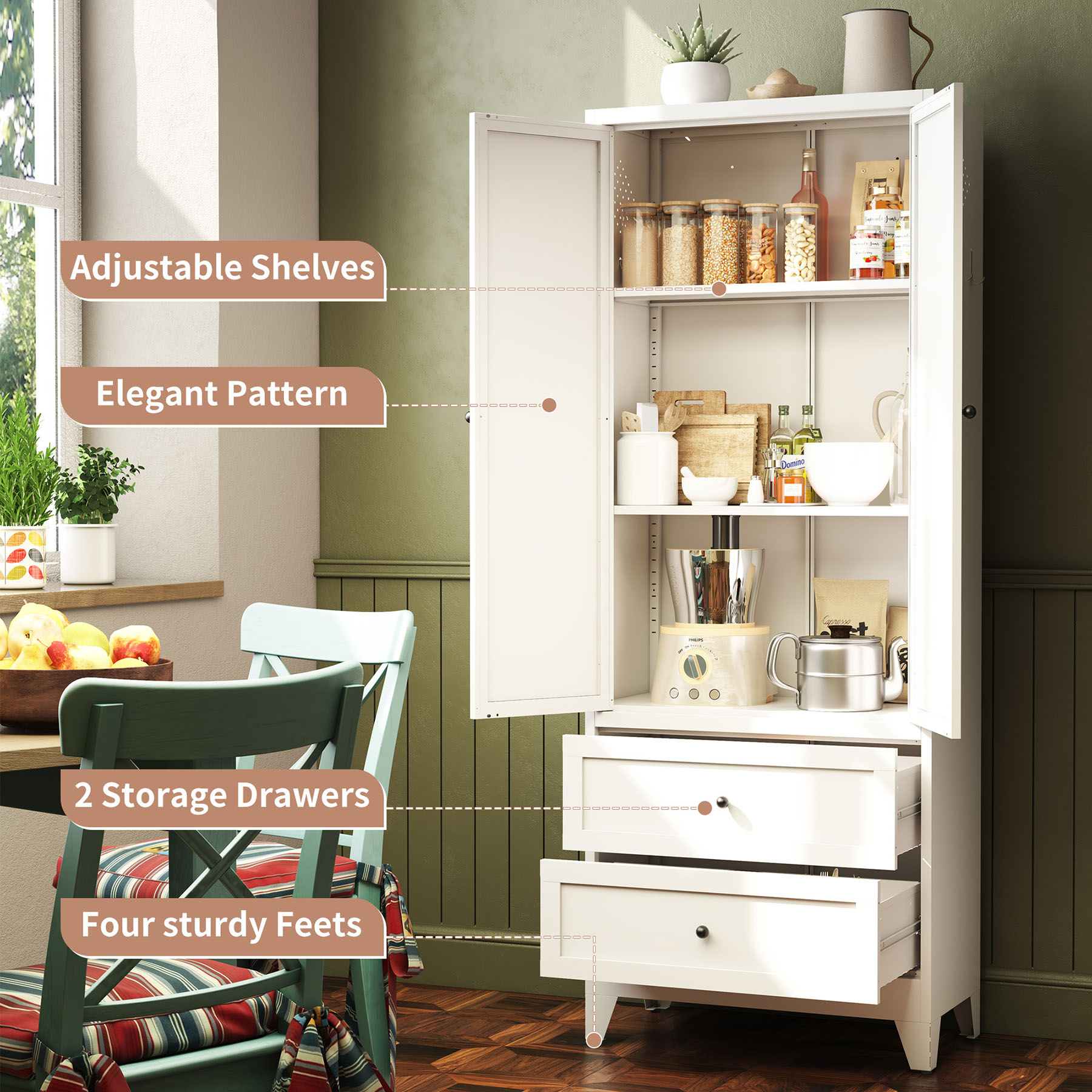 S-HOME Heavy-Duty 72 Inch White Pantry Cabinet with 2 Drawers, Freestanding Kitchen Organizer with Adjustable Shelves and Spice Storage