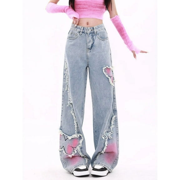HLSOHJP Women's Splicing Butterfly Patterns Blue Denim Thin Jeans Street Style American Casual Trousers Female High Waist Straight Pants