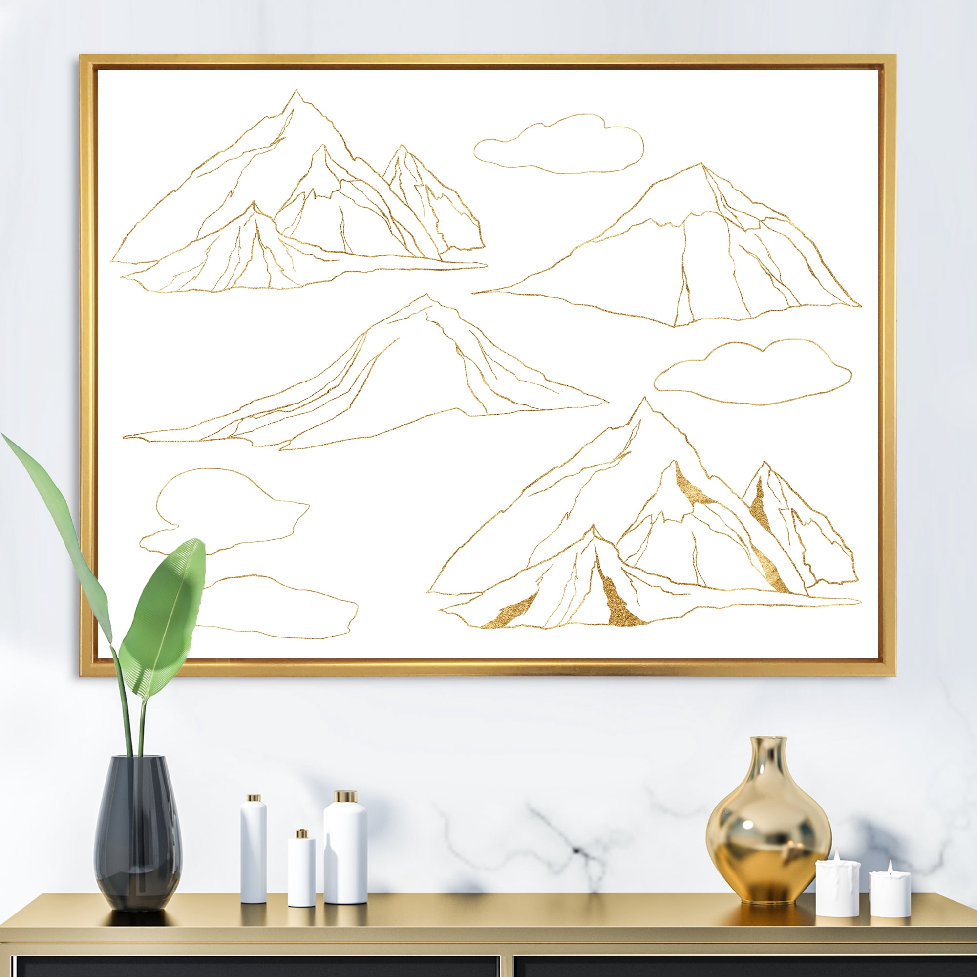 Designart 'Minimalistic Gold Linear Set Of Clouds and Mountains' Modern Framed Canvas Wall Art Print