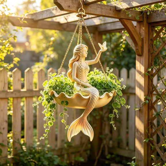 Mermaid Hanging Planter with Chain Resin Decorative Pot for Outdoor Garden Patio Balcony Trailing Plants 5.9 Inch
