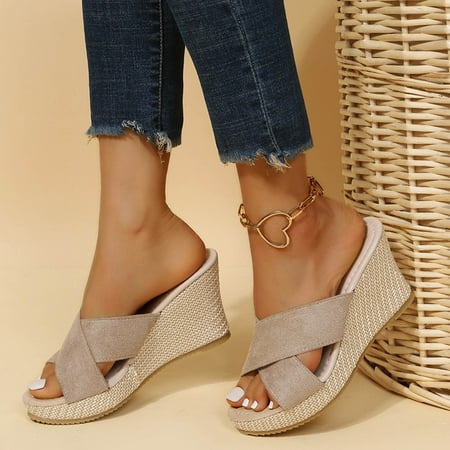 

Daqian Sandals for Women Clearance Summer Fashion High-heeled Platform Muffin Bottom Hemp Rope Wedge Slippers Slide Sandals for Women Beige 6.5(38)