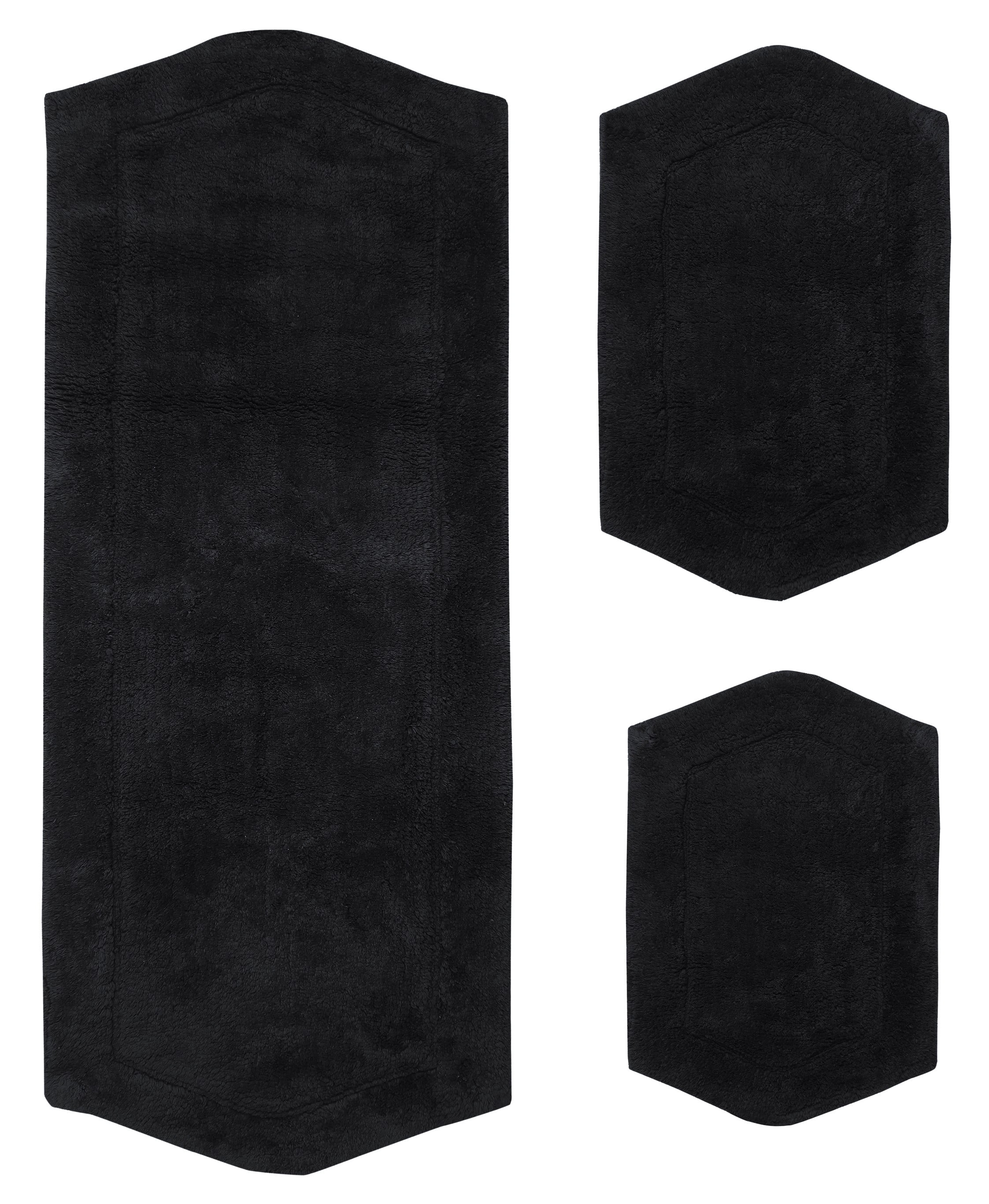 Home Weavers Waterford Collection 100% Cotton Non-Slip Bathroom Rug Set Machine Washable Bathroom Rug-17"x24", Bath Rug- 21"x34", Runner- 22"x60", Black Color 3 Piece Bath Rug set