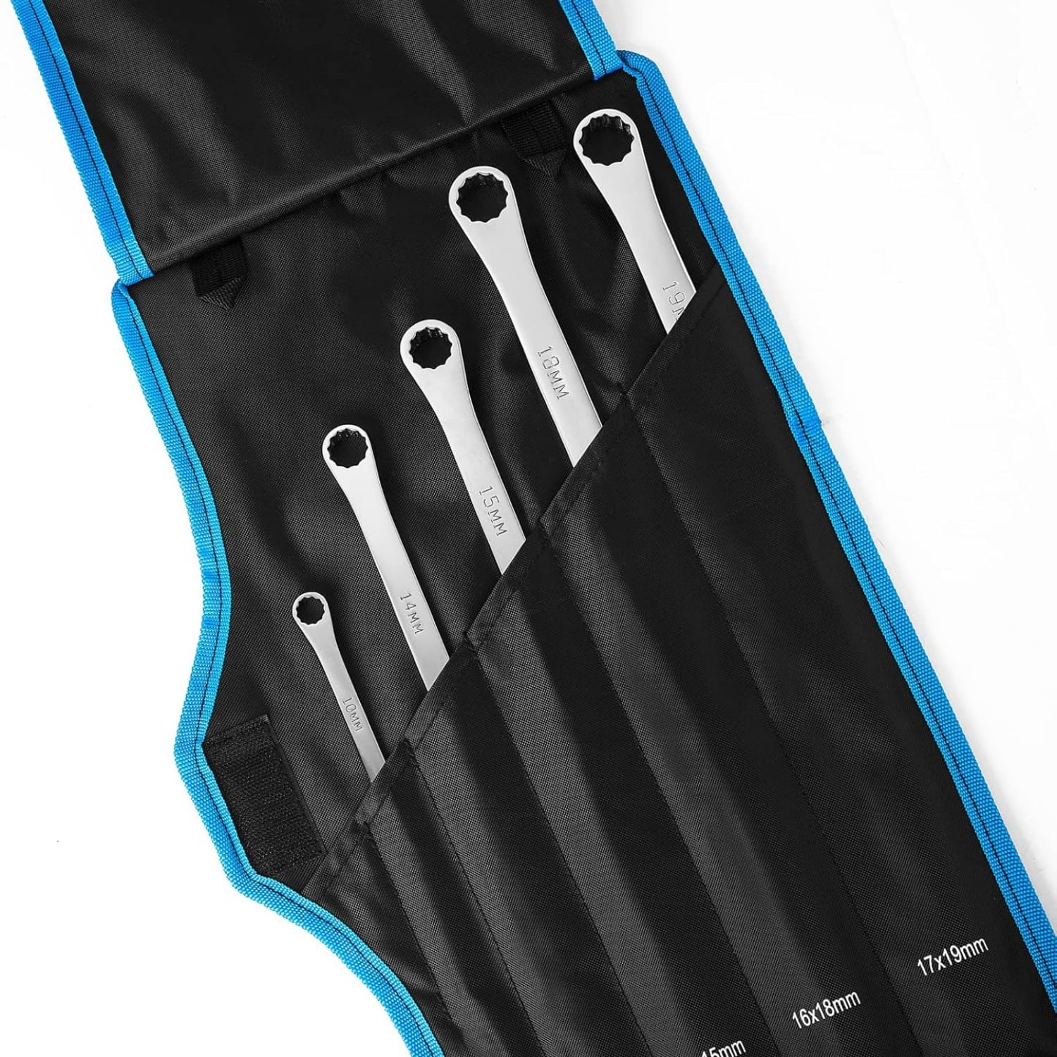 5-Piece Extra Long Wrench Set, Double Box End Wrench Set, 0 Degree Offset, Metric, CR-V Steel, 8mm, 10mm, 12mm, 13mm, 14mm, 15mm, 16mm, 17mm, 18mm, 19mm, Organized in Rolling Pouch