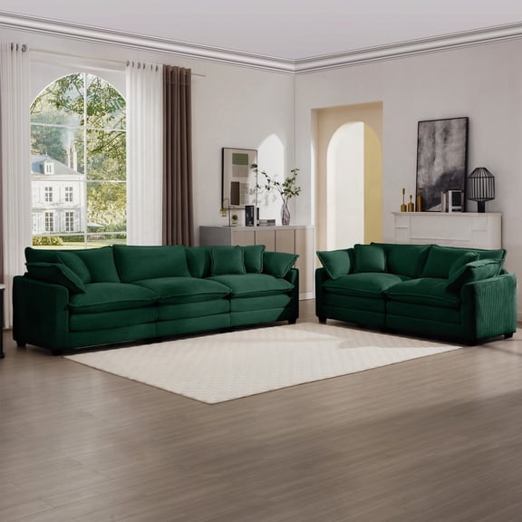 Modern Green Corduroy 2-Piece Living Room Sofa Set (2 Seaters with 8 Cushions & Recliner)