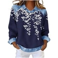 thumbnail image 2 of Long Sleeve Crewneck Pullover for Women Faux Denim Collar Leaf Print Sweatshirt Loose Fit Casual Graphic Top Soft Breathable Daily Wear Clothes, 2 of 5