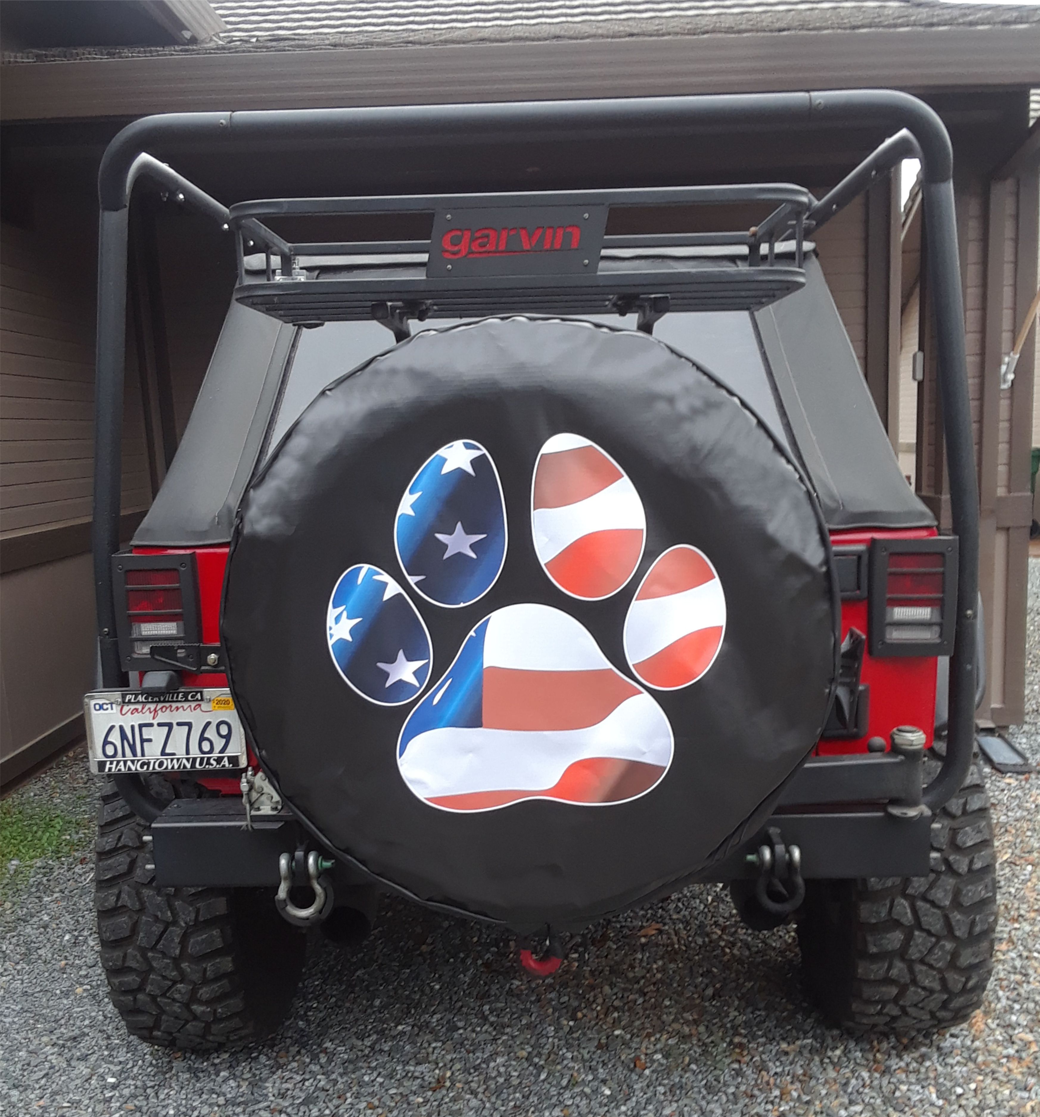 Tire Cover Central Pet Paw American Flag Spare Tire Cover Black Vinyl  255/75r17 Center Camera Opening