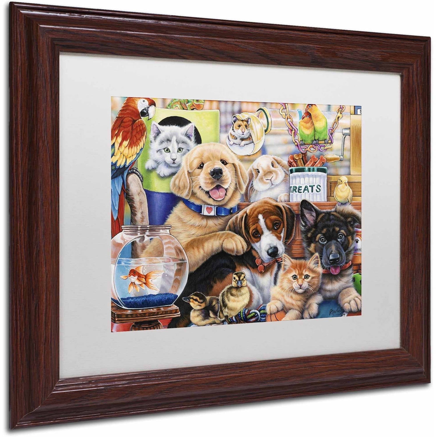 Trademark Fine Art 'Pet Shop' Canvas Art by Jenny Newland, White Matte, Wood Frame