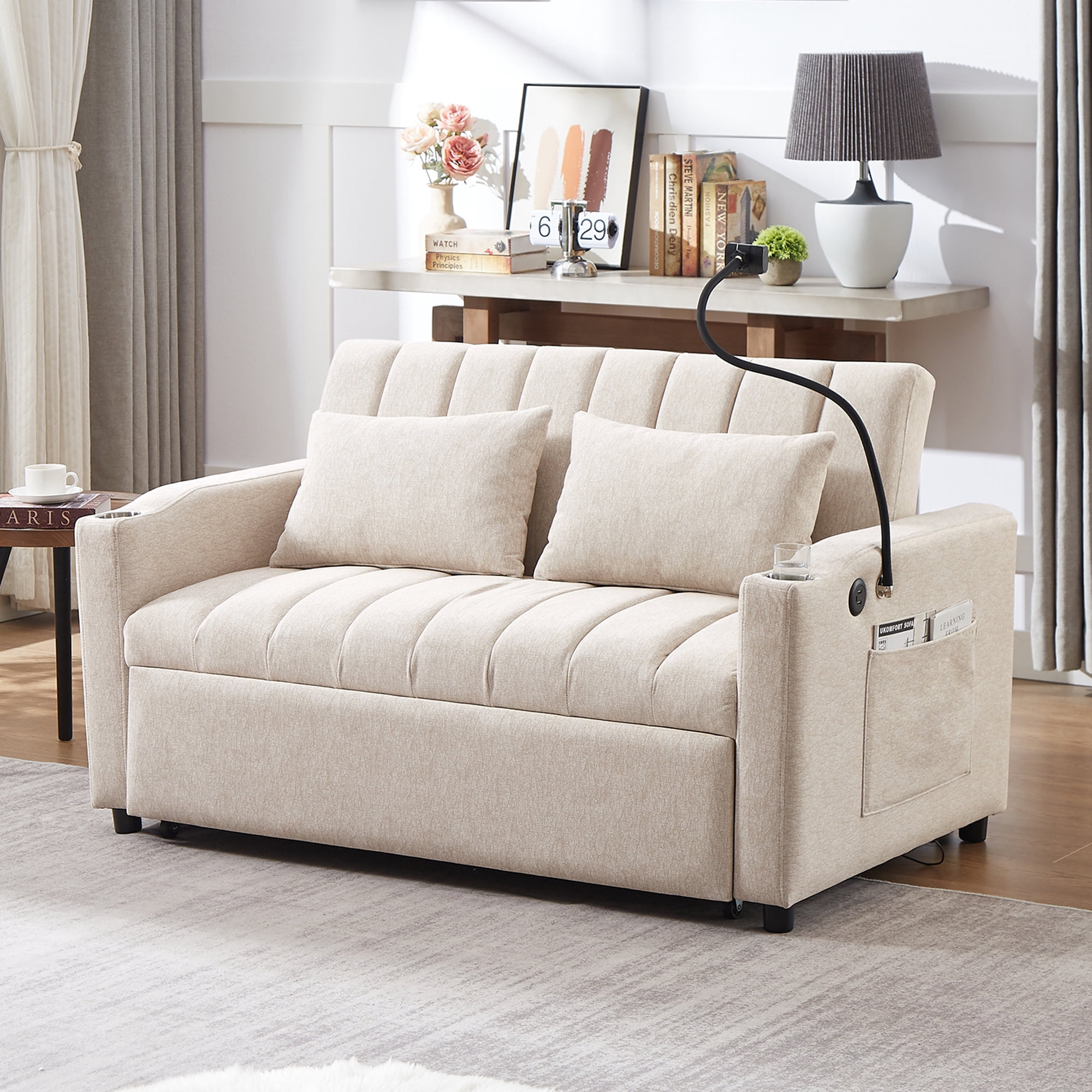 EUROCO 1100LBS Queen Pull Out Sofa Bed, 55.9" Convertible Sleeper Loveseat with 3 USB Ports, 2 Side Pockets,2 Cup Holders and 360°Swivel Phone Holder,Modern Loveseat Sofa for Living Room