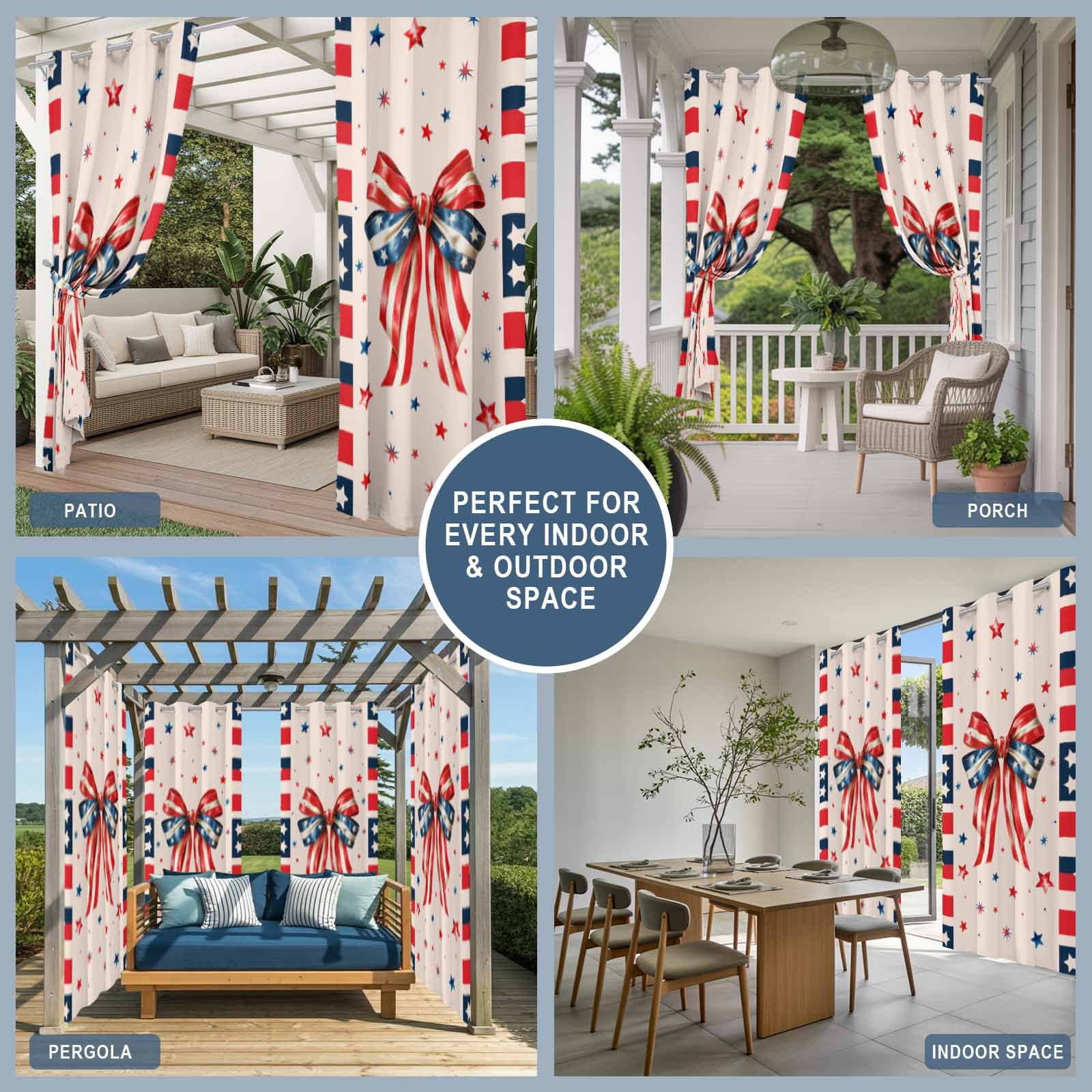 Independence Day Bow Outdoor Curtains for Patio, 4th of July US Flag Red Blue Stripe Star Sunshade Privacy Drapes Grommet Waterproof Outside Curtains for Porch/Cabana/Balcony 54"x 108", 1 Panel