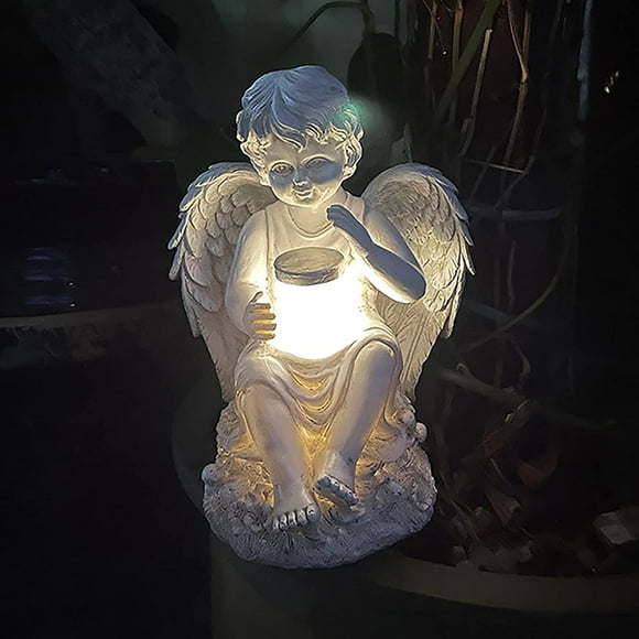 Angel Fairy Statuette With Solar Light,Garden Resin Angel Figurines Ornament Angel Decoration For Lawn Cemetery Memorial Gifts,Guardian Angel Garden Statuette-Boy 14.5x15.5x20cm