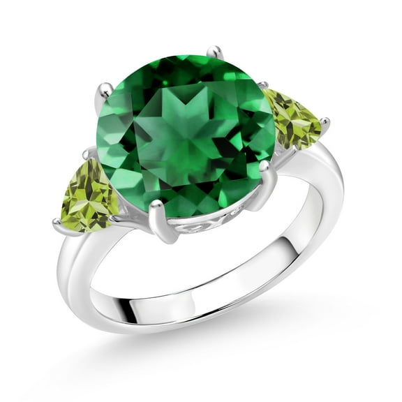 Gem Stone King 925 Sterling Silver Green Nano Emerald and Green Peridot 3-Stone Ring for Women (5.96 Cttw, Round 12MM, Trillion 5MM, Size 5)