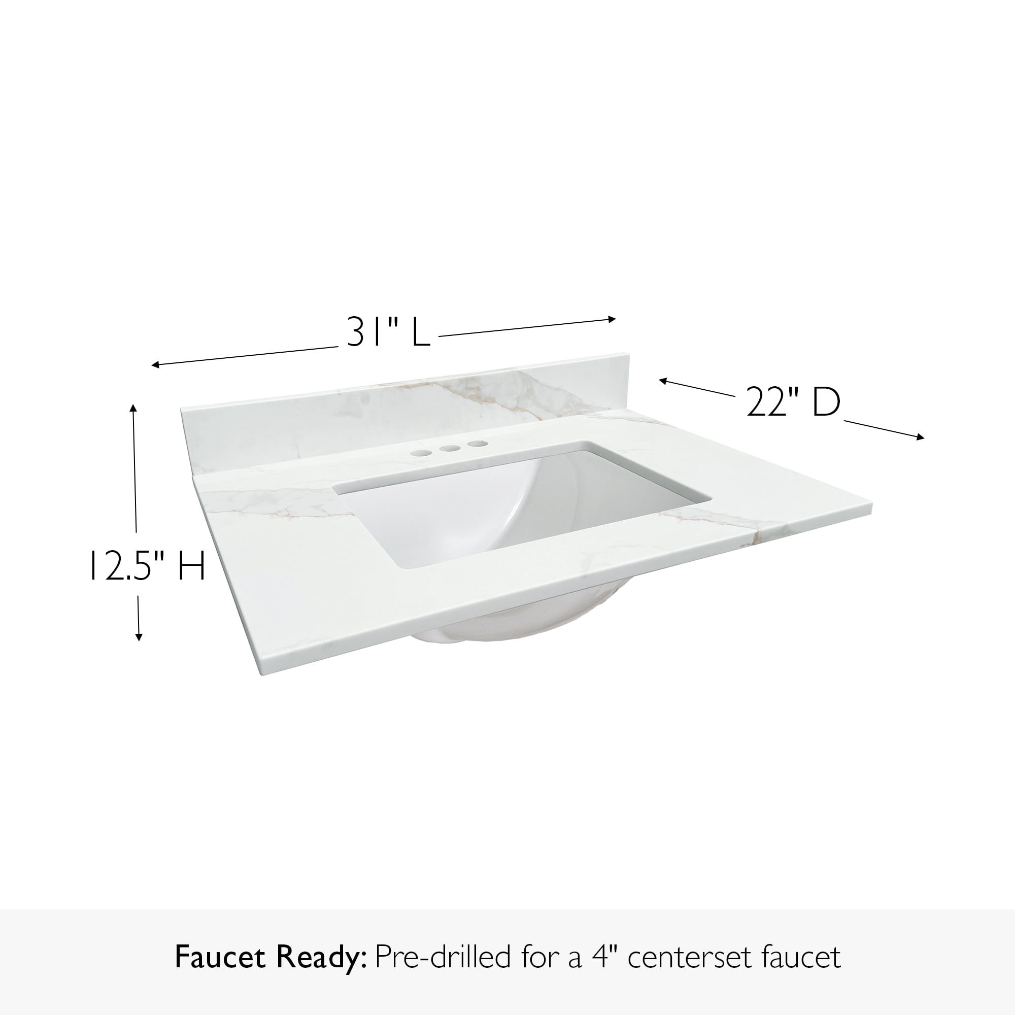 Design House Calesco Calacatta 31" Quartz Vanity Top with Backsplash and 22" Side Splash, 8" Widespead