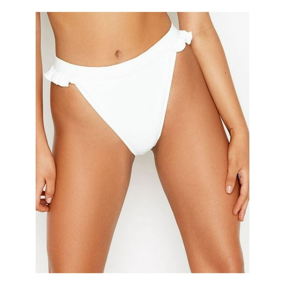 RIS-K Women's White Stretch High-Leg Cheeky Textured Ruffled Horizon High Waisted Swimsuit Bottom M