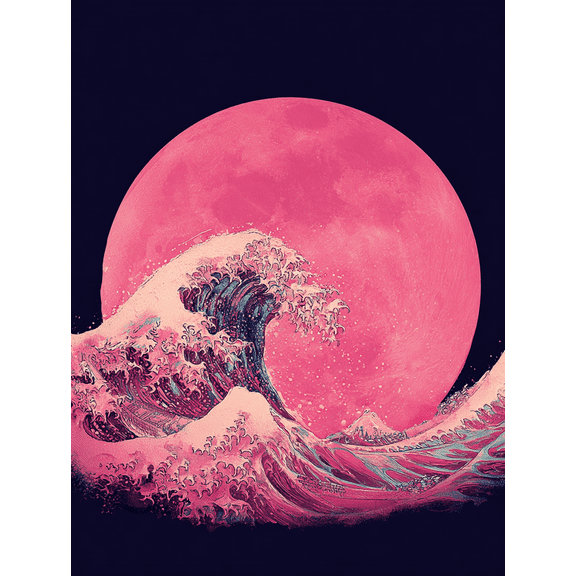 Pink Wave Moon Ukiyoe Canvas Wall Art,Minimalist Decor for Living Room Bedroom Dining Room Office Spa Hotel
