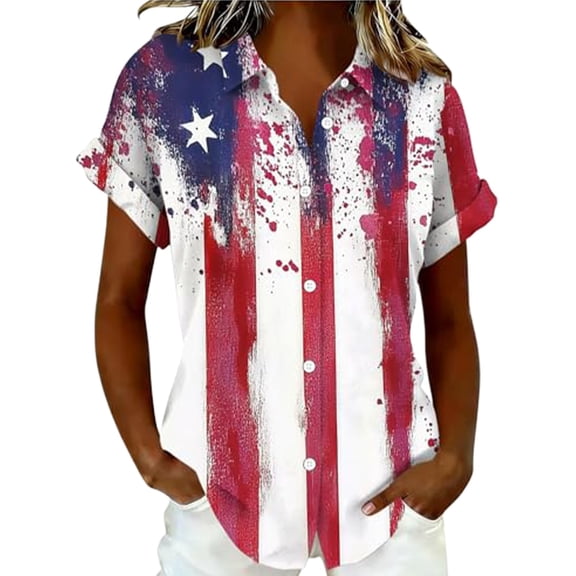WERYOUNG Patriotic Button Down Shirts For Women Short Sleeve Red White & Blue Print Blouses Independence Day USA Festival Shirt Soft Top L