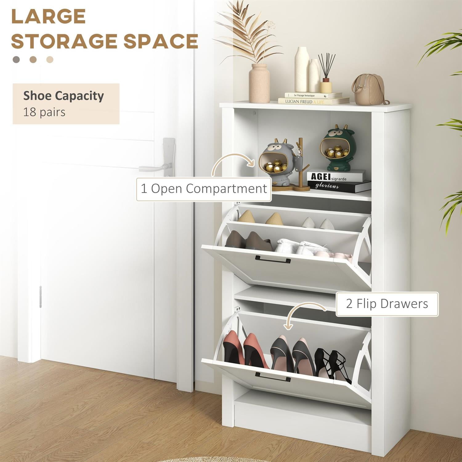 Demi Bonn 41" Shoe Storage Cabinet with Flip Drawers and Adjustable Shelves, White