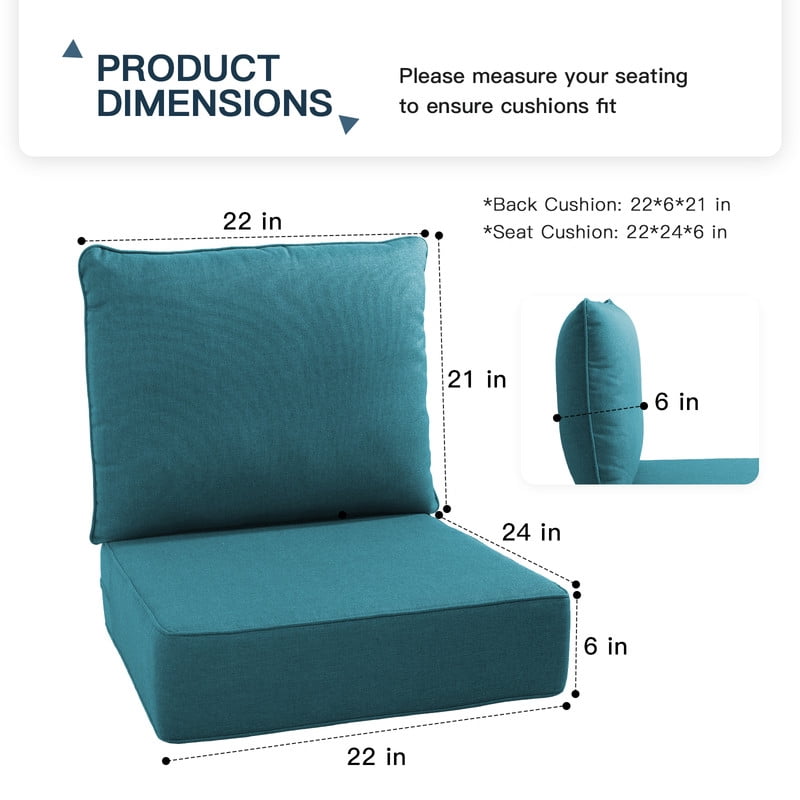 PARKWELL 8-Piece Outdoor Deep Seat Cushion Set, 22 x 24, Water Repellent, Fade Resistant, 6-Inch Thicken Deep Seat Bottom and Back Cushion for Chair, Sofa, and Couch, Peacock Blue