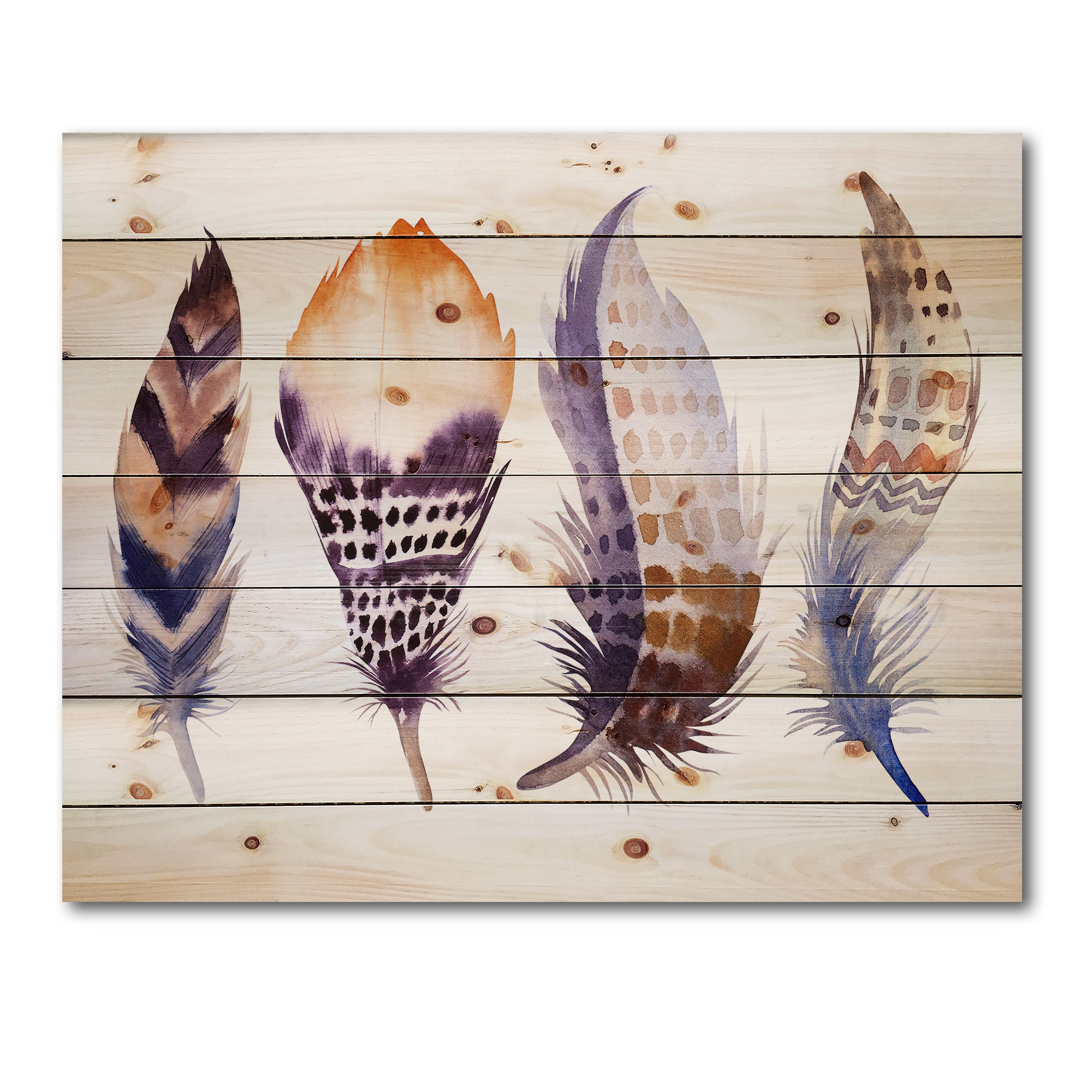 Designart 'Purple Boho Art Feathers' Bohemian & Eclectic Print on Natural Pine Wood