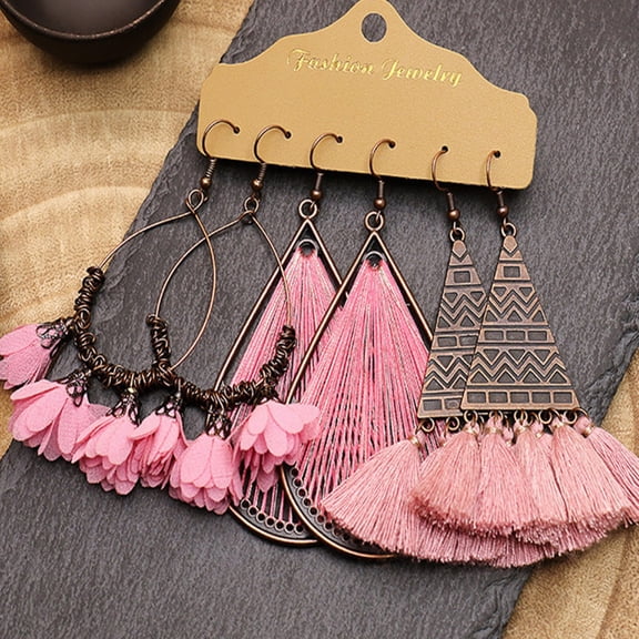 Sunyuer 3 Pairs Boho Tassel Dangle Earrings Vintage Bohemian Drop Earrings Retro Alloy Frame Fringe Earrings Jewelry for Women