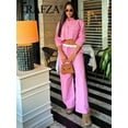 thumbnail image 4 of TRAFZA Ensemble Blouse et Pantalon à Rayures Roses pour Femmes, Chemise Courte à Manches Longues avec Boutons, Patchwork, Cordon de Serrage, Pantalon Droit, 4 of 5