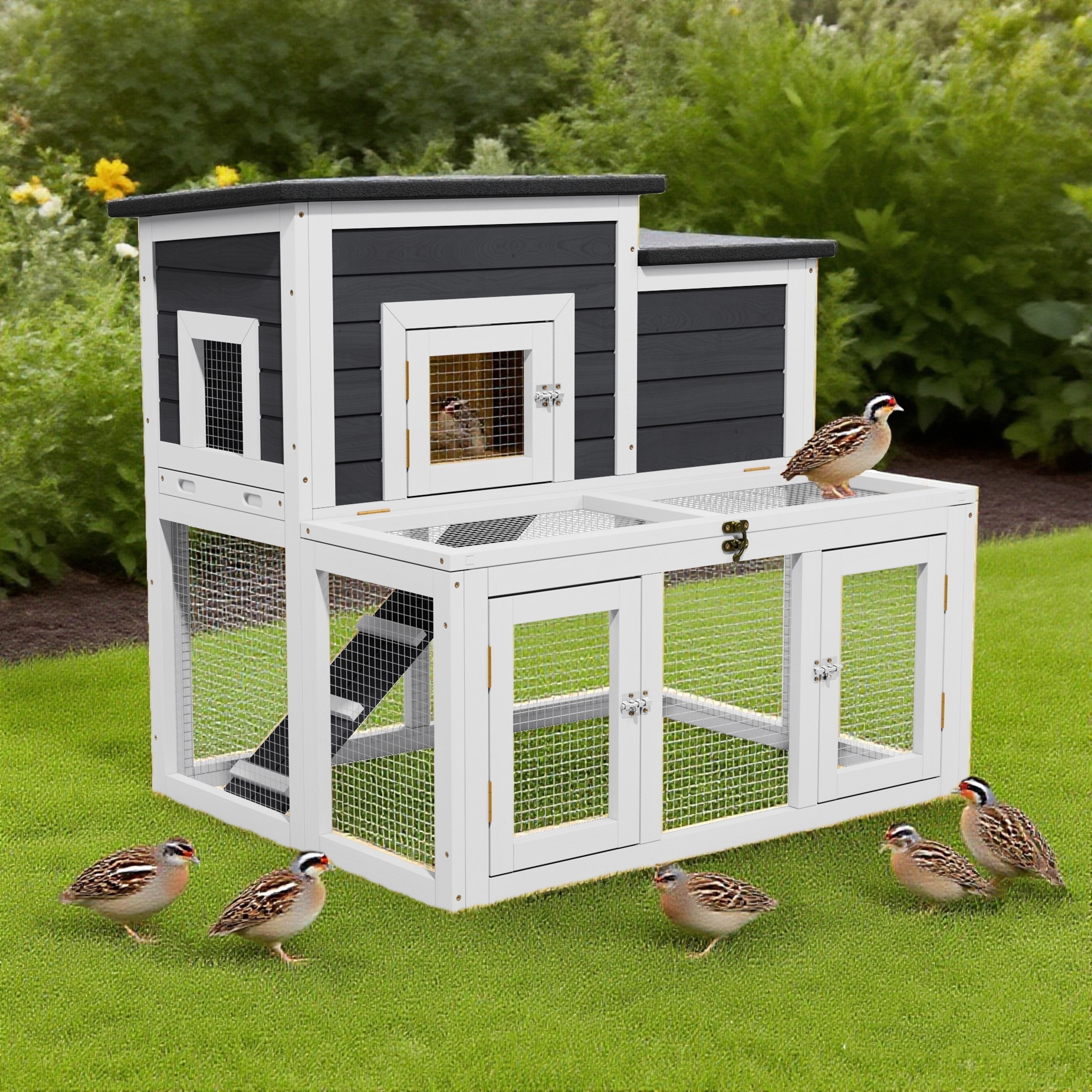 Large Outdoor Wooden Quail Cage Rabbit Hutch Chicken Coop with Run & Ramp，2 Tier
