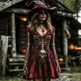 thumbnail image 2 of Xijirk Women Halloween Skull Skeleton Rose Print Dress with V Neck Long Flare Sleeve Fit and Flare Mini Dress for Witch Cosplay Halloween Party, 2 of 4