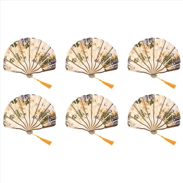 6X Tejido de Flores de PeoníA de Estilo CláSico Abanico de Abanico de Danza de Bambú Beige