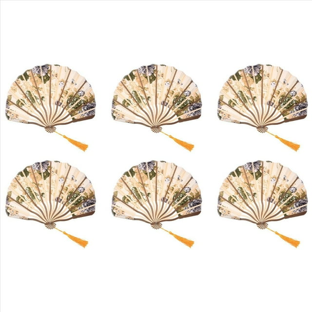 6X Tejido de Flores de PeoníA de Estilo CláSico Abanico de Abanico de Danza de Bambú Beige