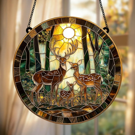 Deer Family Faux Stained Glass Suncatcher, Wildlife Window Hanging, Nature Lover's Decor, Mother's Day Gift for Wildlife Lovers
