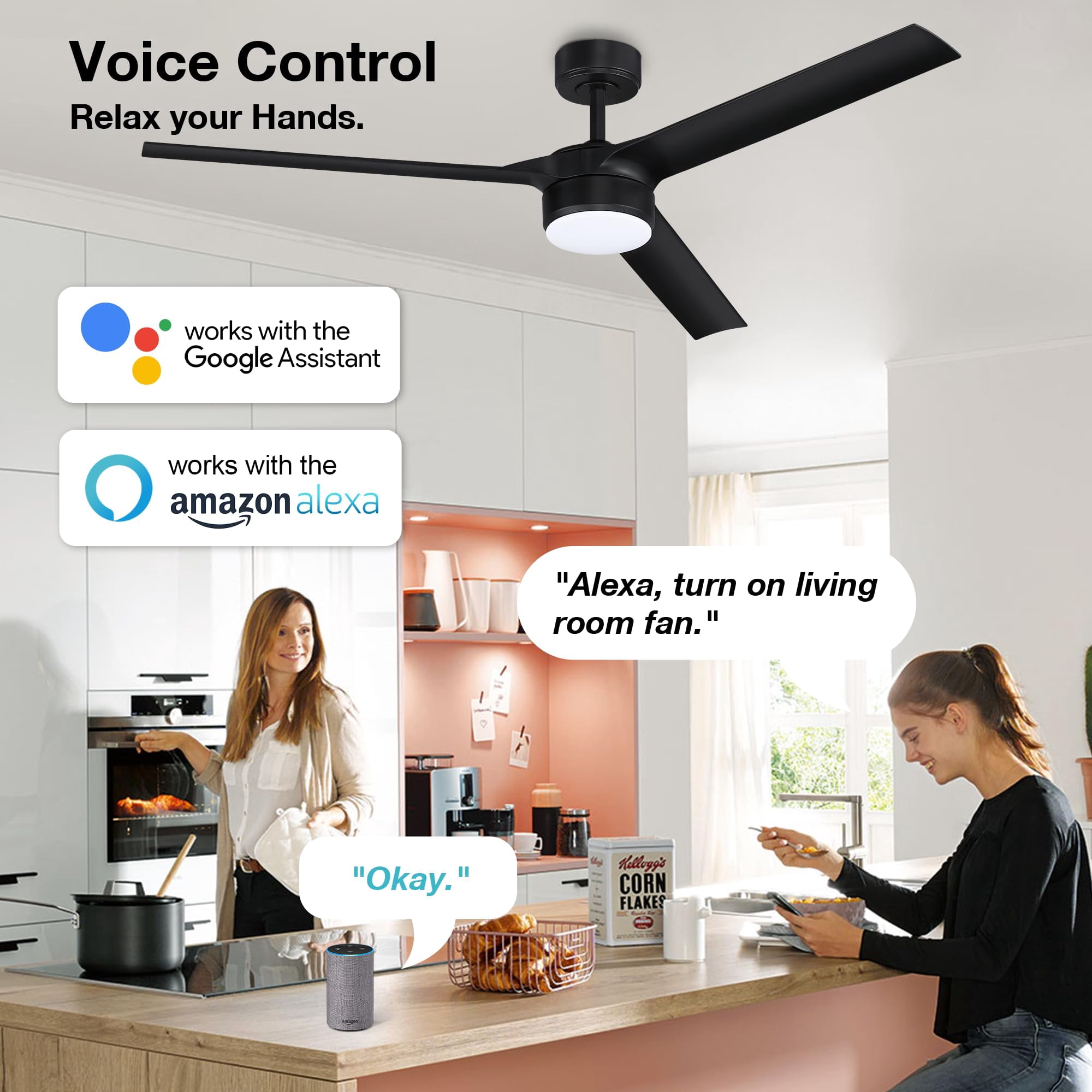52 Inch Smart Outdoor Ceiling Fans with LED Lights and Remote,Quiet DC Motor,Dimmable, 3 Matte Black Blade for Bedroom Living Room Patio Porch, Indoor Modern Ceiling Fan Controlled by WIFI Alexa App