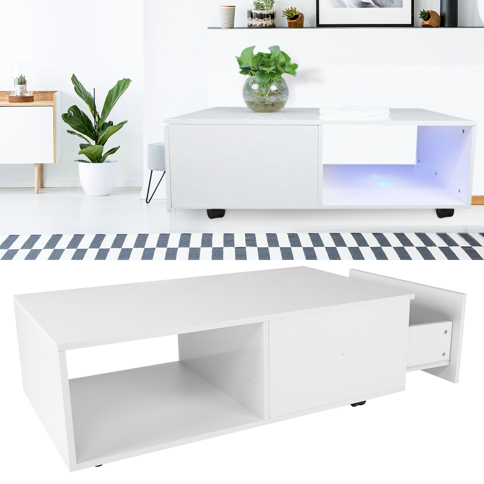 LHCER Coffee Table High Gloss Rectangular Tea Side Table with Wheels