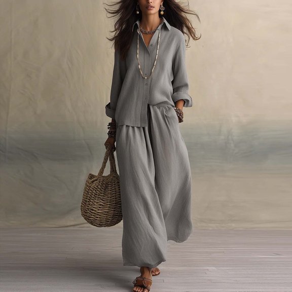 BRELIL Women Plus Size Two Piece Outfits Sets Long Sleeve Collared Button Shirt Wide Leg Pants Casual Lounge Set Solid Boho Vacation Travel Matching Tracksuit, Gray M