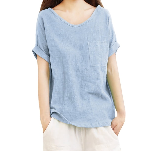 Gibobby Blusa de Trabajo de Manga Corta Blusa superior algodón y lino con bolsillo manga corta para mujer(Azul,XL)