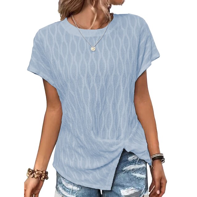 Top de manga corta para mujer, camisa con cuello redondo y dobladillo dividido, camisa informal de Color puro, Top holgado de verano, azul claro XXL