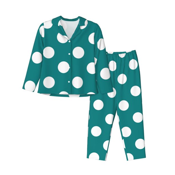 Balery Teal And White Polka Dot Conjunto de Pijama con Estampado para Mujer, Conjunto de Dos Piezas con Manga Larga, Ropa de Dormir Suave con Bolsillos, Pijamas Cómodos-Small