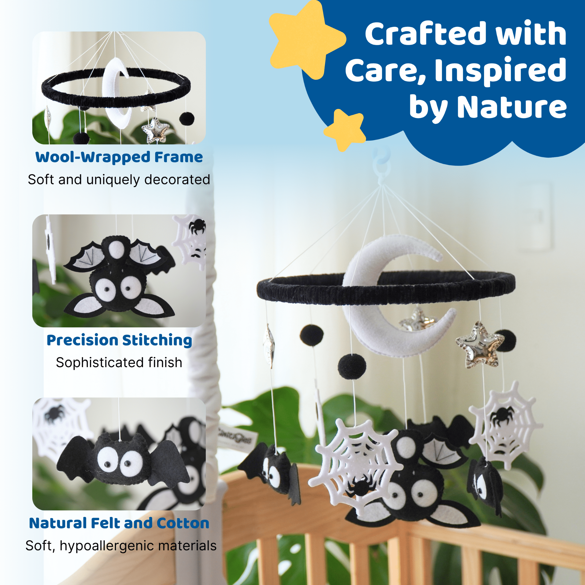 TINITIGIES Bat & Spider Baby Mobile with Music Box – Handmade Felt Crib Mobile, 12 Piano Lullabies, Visual & Cognitive Development Toy for Newborns