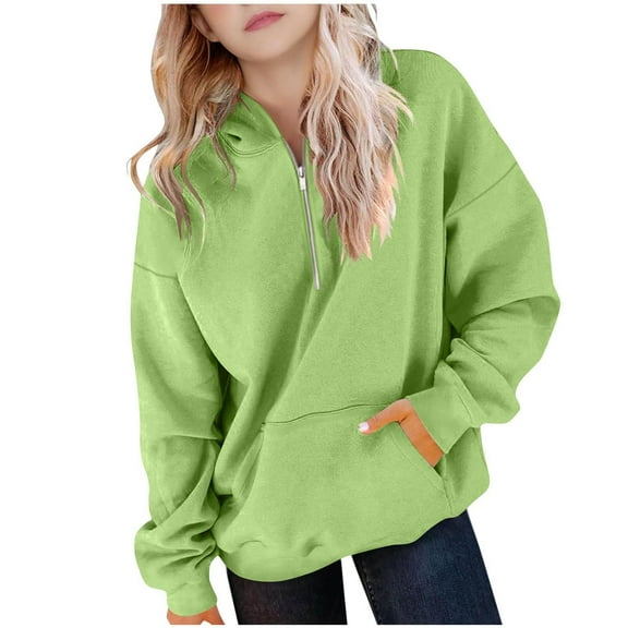 HomeDM Unisex Kids Sweatshirts - Girls Boys Quarter Zip Pullover Hoodies Sweatshirt Long Sleeve Drop Shoulder Hoodie Casual Solid Color Sweatshirts - Green/14-15 Years