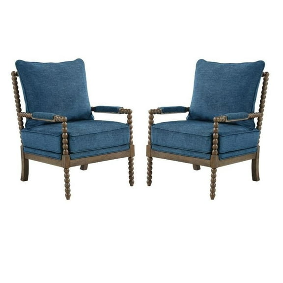 Home Square 2 Piece Linen Fabric Spindle Chair Set with Wood Frame in Navy Blue