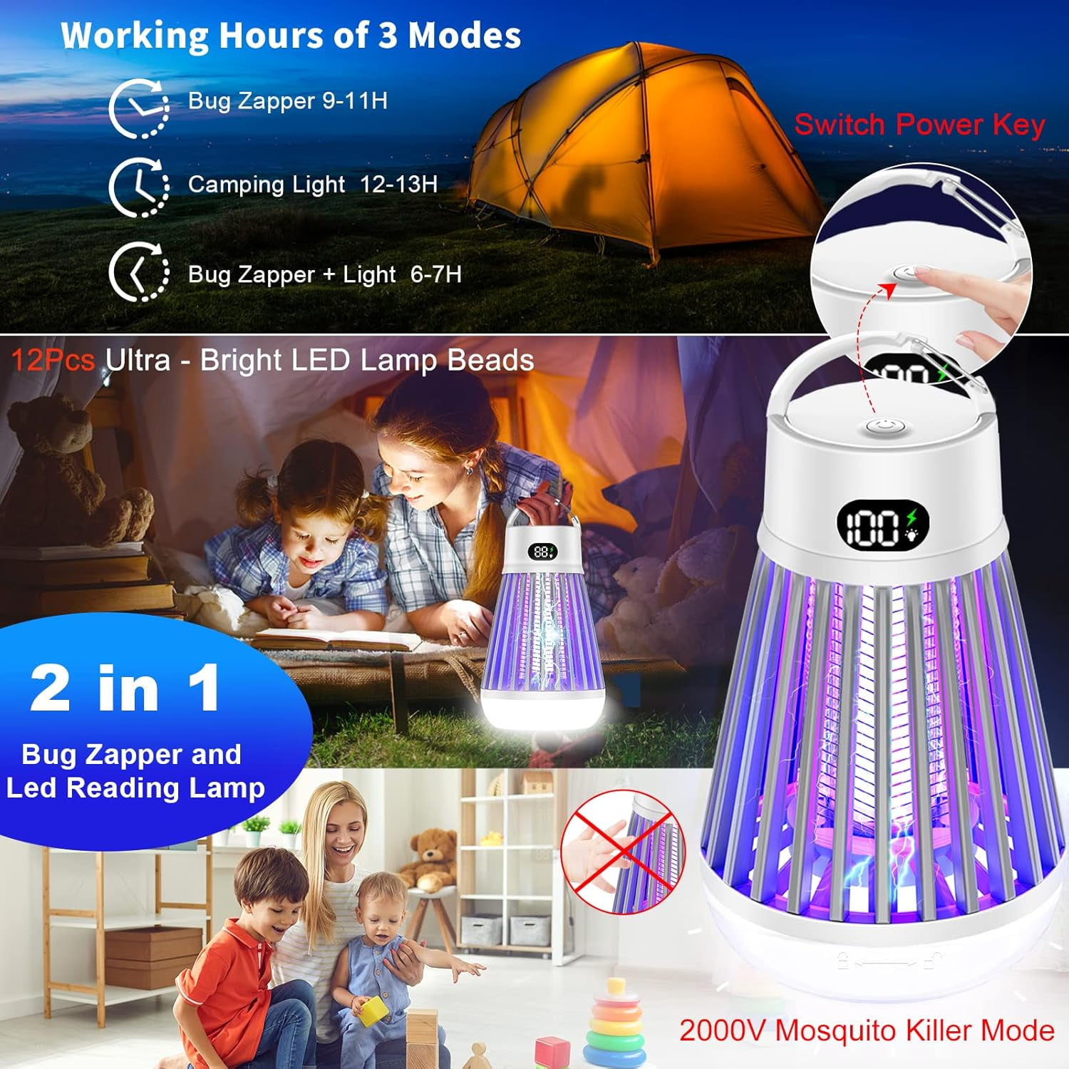 Bug Zapper Indoor Outdoor, 2000V Rechargeable Mosquito Fly Zapper Kilers with LED Light, Electric Portable USB Powered Insect Trapps for House, Camping, Picinic, Garden, Patio, Yard, Lawn, White