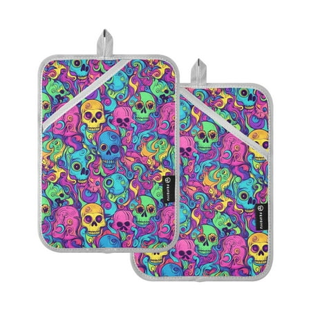 

WOBOGO Twisted Painted Skulls Oven Mitts 2 Piece Heat Resistant 338 Degrees F Square Insulation Pads for A Wide Range of Cooking Occasions