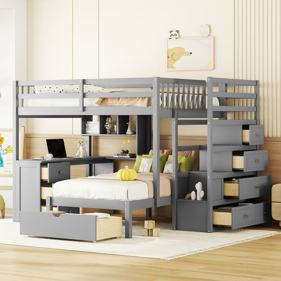 Full over Twin Solid and Stable Bunk Bed with Desk, Drawers and Shelves (Gray)