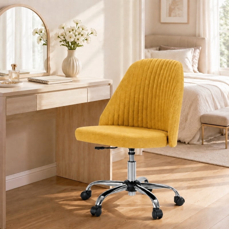 BEAUTYPEAK Armless Vanity Chair Adjustable Swivel Fabric Desk Chair with Padded Seat Wheels Mid-Back Office Chair, Ginger