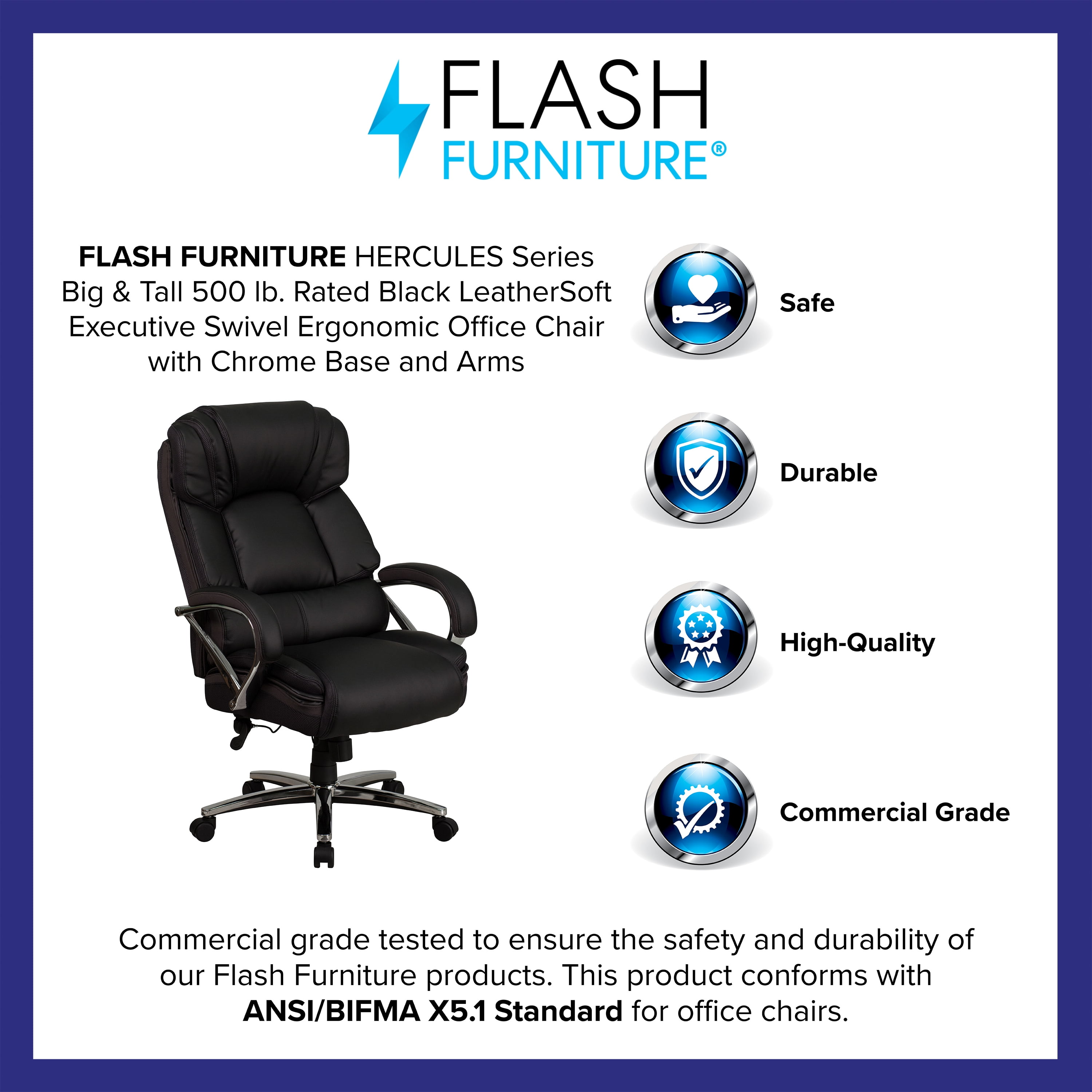 Emma + Oliver 500 lb. Big & Tall Black LeatherSoft Executive Swivel Arm Ergonomic Office Chair
