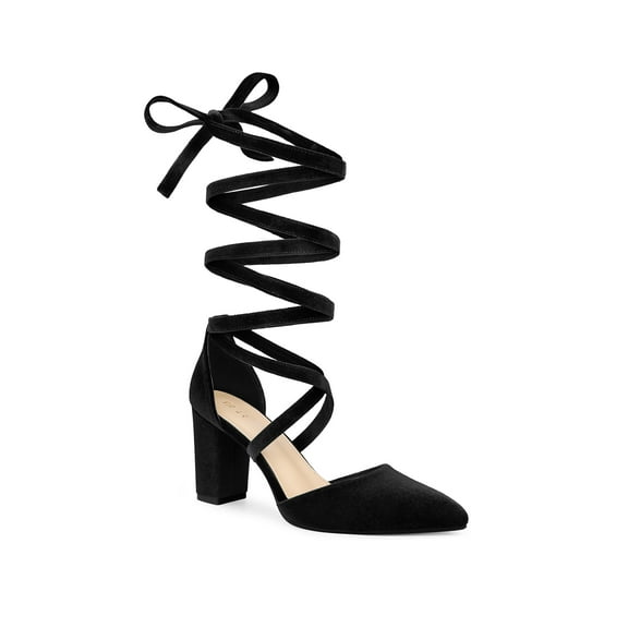 BLISSFUL STEP Women's Velvet Lace Up Block Heels Pointed Toe Pumps Black 7.5