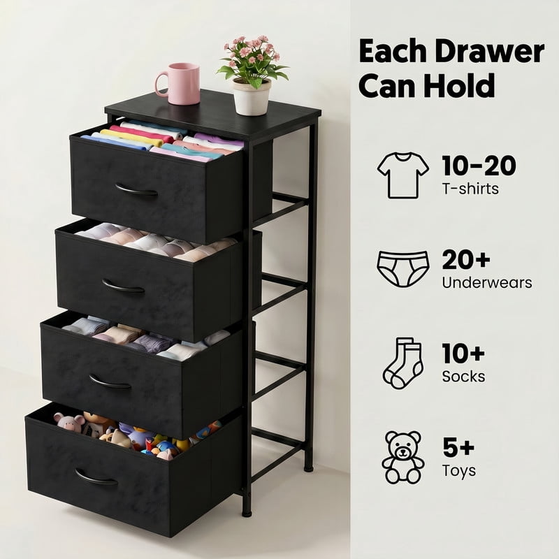 BEAUTYPEAK 4-Drawer Fabric Dresser Nightstand Bedside Table with Wood Top Adjustable Feet, Black